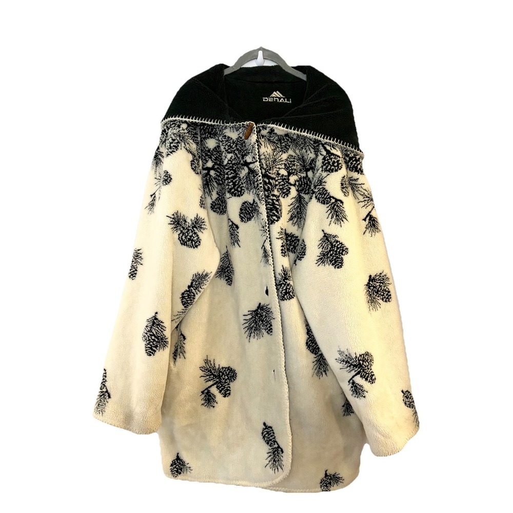 Denali Coat Womens L Green Ivory Pinecone Cabin Reversible Hooded Fleece VTG